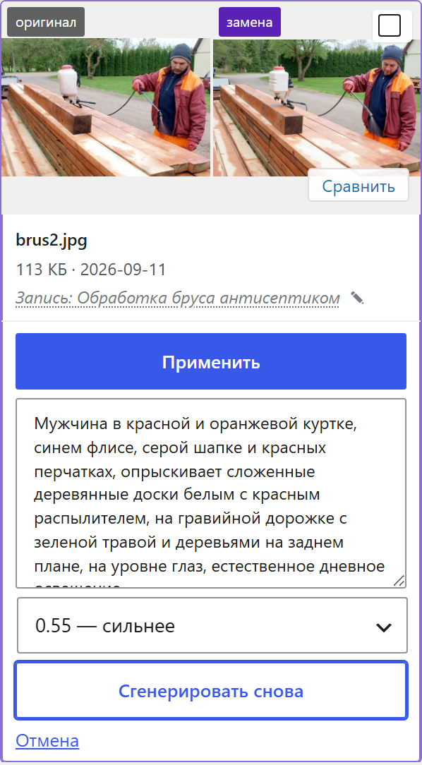 Карточка ImgChanger: автоописание фото в поле подсказки, сила 0.55